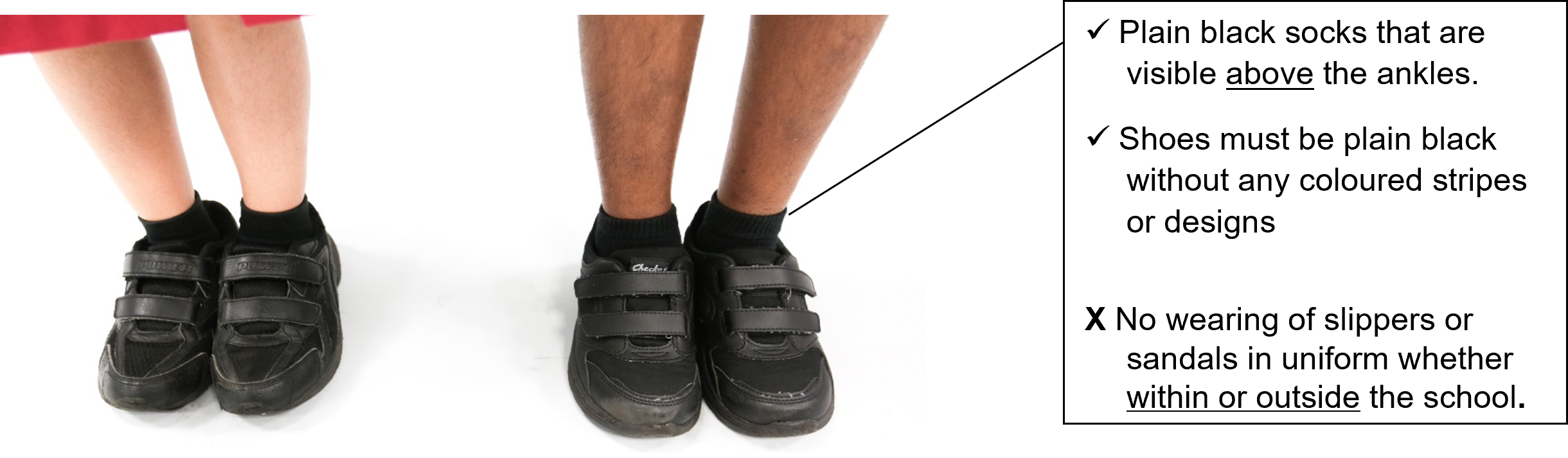 Two students wearing plain black socks and plain black velcro sneakers, with uniform rules listed beside them.